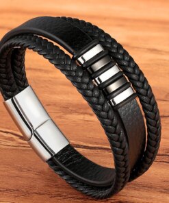 TYO Fashion Stainless Steel Charm Magnetic Black Men Bracelet Leather Genuine Braided Punk Rock Bangles Jewelry Accessories Men Bracelets 