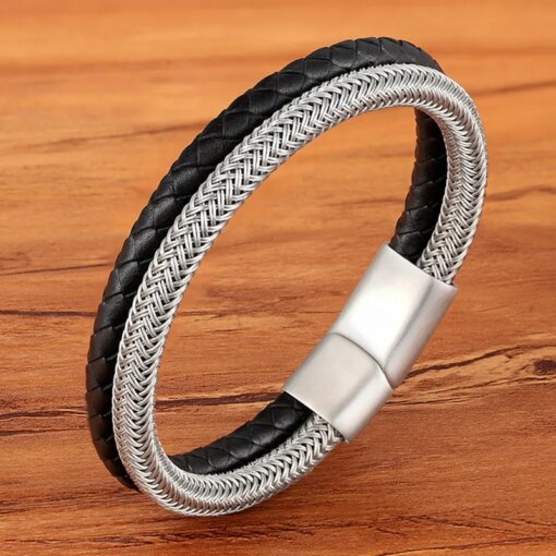 TYO Fashion Stainless Steel Charm Magnetic Black Men Bracelet Leather Genuine Braided Punk Rock Bangles Jewelry Accessories Men Bracelets
