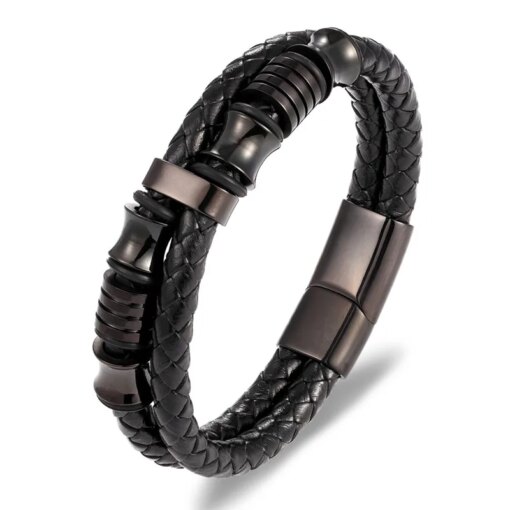 TYO Fashion Stainless Steel Charm Magnetic Black Men Bracelet Leather Genuine Braided Punk Rock Bangles Jewelry Accessories Men Bracelets