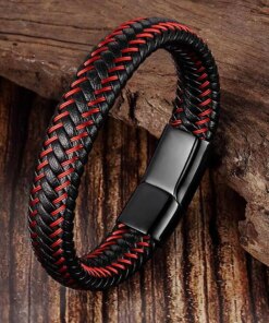 Trendy Men Jewelry Red Braided Leather Rope Bracelet Black Magnetic Buckle Bracelets Punk Men Wrist Band Pulsera Hombre Men Bracelets 