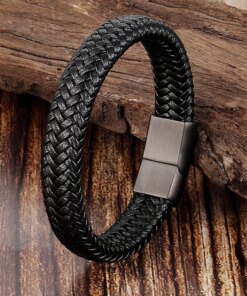 Trendy Men Jewelry Red Braided Leather Rope Bracelet Black Magnetic Buckle Bracelets Punk Men Wrist Band Pulsera Hombre Men Bracelets