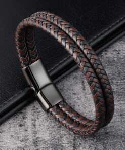 Trendy Men Jewelry Red Braided Leather Rope Bracelet Black Magnetic Buckle Bracelets Punk Men Wrist Band Pulsera Hombre Men Bracelets 