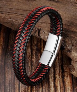 Trendy Men Jewelry Red Braided Leather Rope Bracelet Black Magnetic Buckle Bracelets Punk Men Wrist Band Pulsera Hombre Men Bracelets 