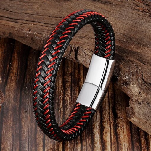 Trendy Men Jewelry Red Braided Leather Rope Bracelet Black Magnetic Buckle Bracelets Punk Men Wrist Band Pulsera Hombre Men Bracelets