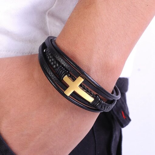 XQNI Cross Style Multi Layer Design Stainless Steel Fashion Men Leather Bracelet Classic Gift For Men 5 Different Styles Choose Men Bracelets