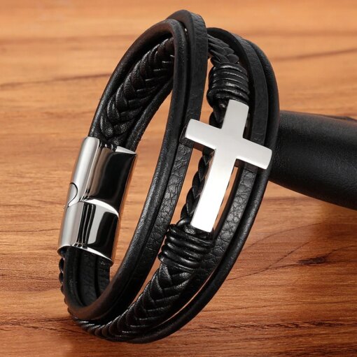 XQNI Cross Style Multi Layer Design Stainless Steel Fashion Men Leather Bracelet Classic Gift For Men 5 Different Styles Choose Men Bracelets