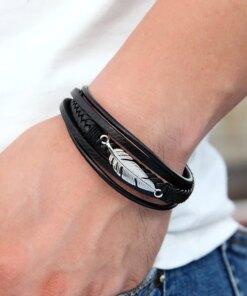 XQNI Multi-layer Leather Feather Shape Accessories Men’s Bracelet Stainless Steel Leather Bracelet For Special Birthday Present Men Bracelets
