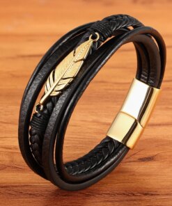 XQNI Multi-layer Leather Feather Shape Accessories Men’s Bracelet Stainless Steel Leather Bracelet For Special Birthday Present Men Bracelets