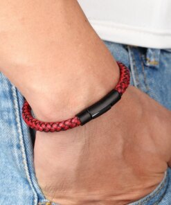 XQNI New Classic Style Men Leather Bracelet Simple Black Stainless Steel Button Neutral Accessories Hand-woven Jewelry Gifts Men Bracelets 