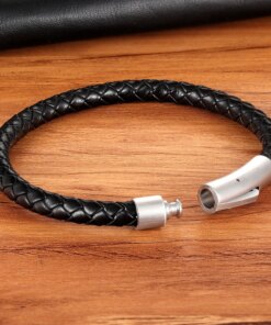 XQNI New Classic Style Men Leather Bracelet Simple Black Stainless Steel Button Neutral Accessories Hand-woven Jewelry Gifts Men Bracelets 