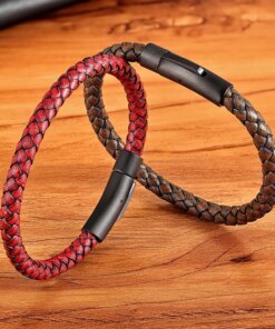 XQNI New Classic Style Men Leather Bracelet Simple Black Stainless Steel Button Neutral Accessories Hand-woven Jewelry Gifts Men Bracelets 