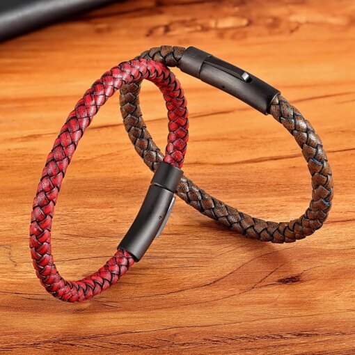 XQNI New Classic Style Men Leather Bracelet Simple Black Stainless Steel Button Neutral Accessories Hand-woven Jewelry Gifts Men Bracelets
