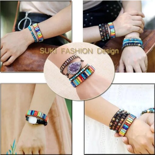 Chakra Bracelet Jewelry Handmade Multi Color Natural Stone Tube Beads Leather Wrap Bracelet Couples Bracelets Gifts Bracelets Bracelets