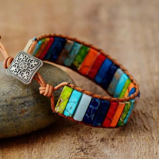 Chakra Bracelet Jewelry Handmade Multi Color Natural Stone Tube Beads Leather Wrap Bracelet Couples Bracelets Gifts Bracelets Bracelets