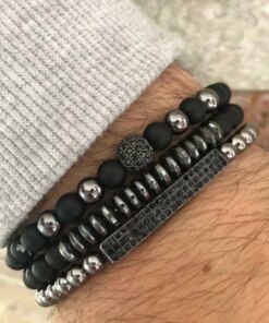 New 3Pc/Sets Micro Pave CZ 8mm Disco Ball & Bar Charms Bracelets Sets 6mm Matte Beads Stone Bracelet Men Women Jewelry bileklik Men Bracelets 