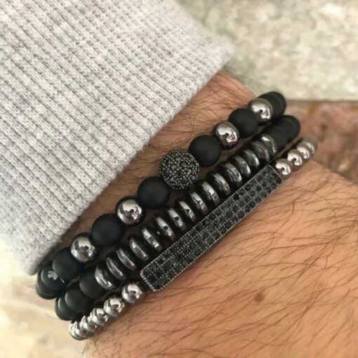 New 3Pc/Sets Micro Pave CZ 8mm Disco Ball & Bar Charms Bracelets Sets 6mm Matte Beads Stone Bracelet Men Women Jewelry bileklik Men Bracelets