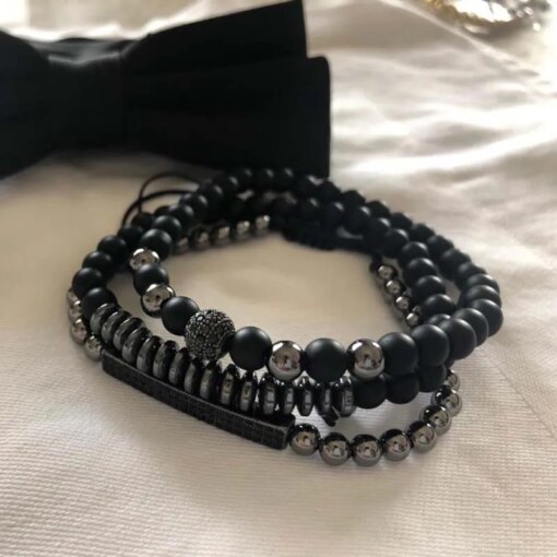 New 3Pc/Sets Micro Pave CZ 8mm Disco Ball & Bar Charms Bracelets Sets 6mm Matte Beads Stone Bracelet Men Women Jewelry bileklik Men Bracelets