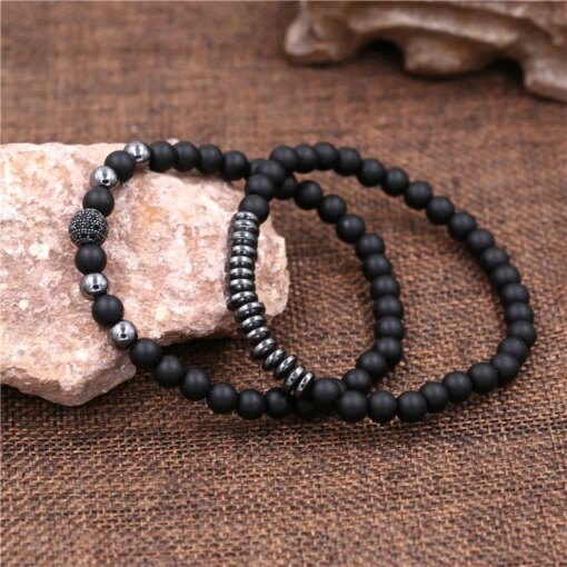 New 3Pc/Sets Micro Pave CZ 8mm Disco Ball & Bar Charms Bracelets Sets 6mm Matte Beads Stone Bracelet Men Women Jewelry bileklik Men Bracelets