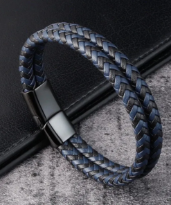 Men Black Blue Braided Genuine Leather Bracelet Double Band Bangle Bracelets Bracelets