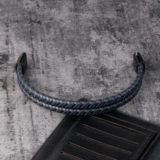 Men Black Blue Braided Genuine Leather Bracelet Double Band Bangle Bracelets Bracelets