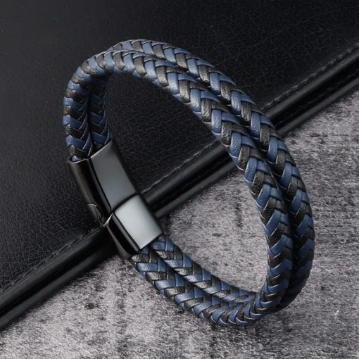 Men Black Blue Braided Genuine Leather Bracelet Double Band Bangle Bracelets Bracelets