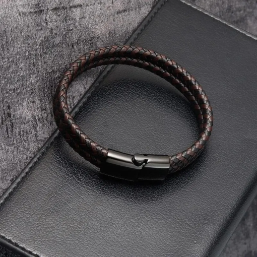 Men Black Blue Braided Genuine Leather Bracelet Double Band Bangle Bracelets Bracelets