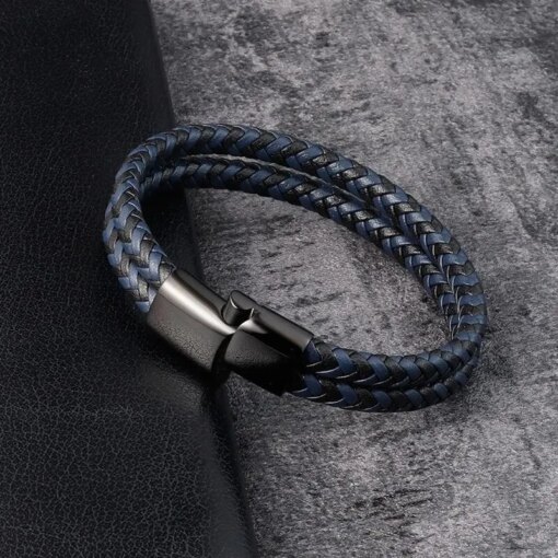 Men Black Blue Braided Genuine Leather Bracelet Double Band Bangle Bracelets Bracelets